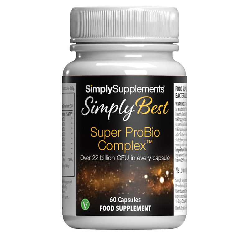 Flacone di integratore etichettato “Super ProBio Complex Simply Supplements” con etichetta nera su sfondo bianco.
