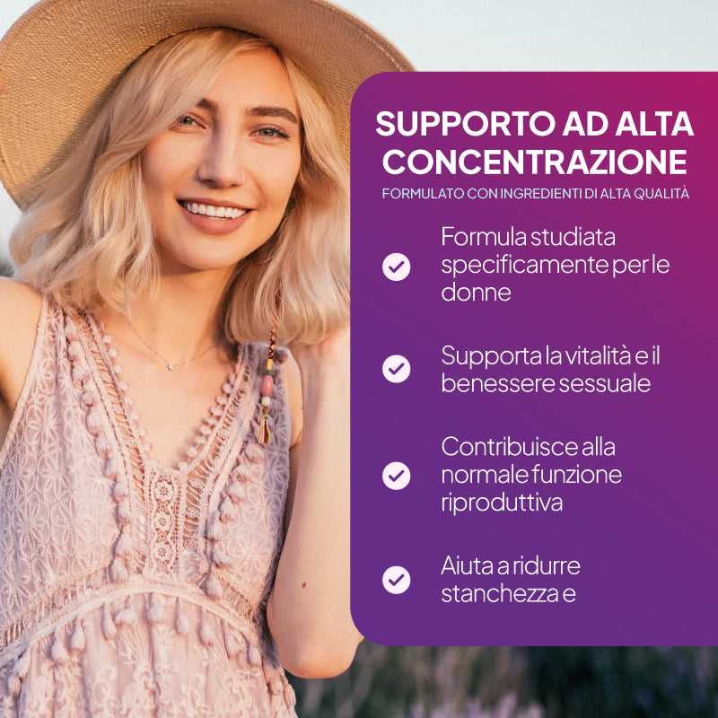 Immagine illustrativa del prodotto “Libido Plus Women” di Simply Supplements che mette in evidenza il supporto ad alta efficacia, la formula specifica per le donne, il sostegno alla salute riproduttiva e la riduzione della stanchezza e dell’affaticamento.
