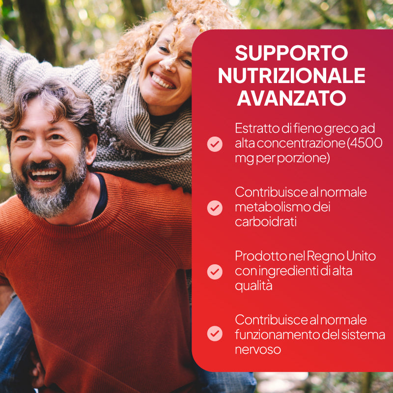 Immagine promozionale con una coppia sorridente all'aperto sulla sinistra e un grande riquadro di testo rosso sulla destra con la scritta "SUPPORTO NUTRIZIONALE AVANZATO", seguita da una serie di punti elenco in italiano riguardanti l'estratto di fibra greca e il supporto metabolico.