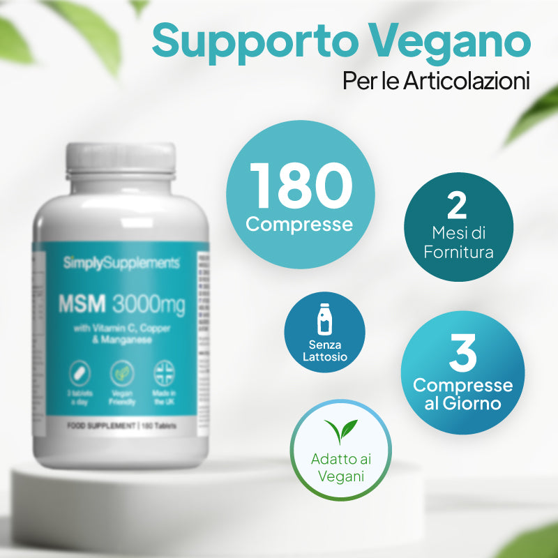 Un flacone bianco per integratori con l'etichetta "SimplySupplements MSM 3000 mg" di colore verde acqua, esposto su un piedistallo con testo promozionale in italiano e didascalie circolari relative al dosaggio, alla durata del trattamento, all'assenza di lattosio e all'adattabilità vegana.