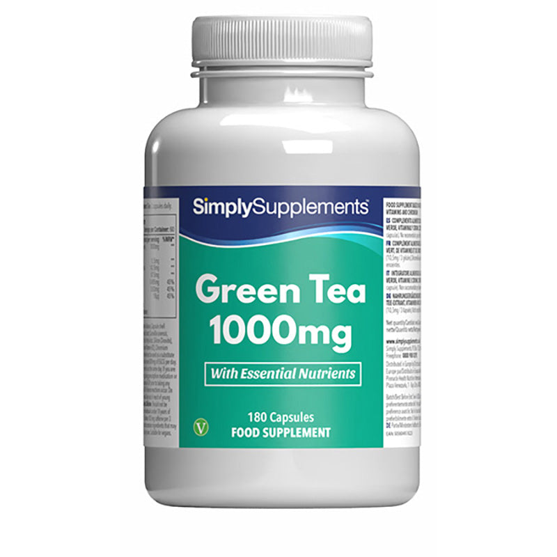 Flacone di integratore etichettato “Tè verde 1000mg Simply Supplements” con etichetta verde su sfondo bianco.