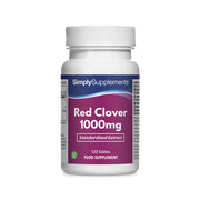 Flacone di integratore etichettato “Trifoglio rosso 1000mg Simply Supplements” con etichetta rosa su sfondo bianco.
