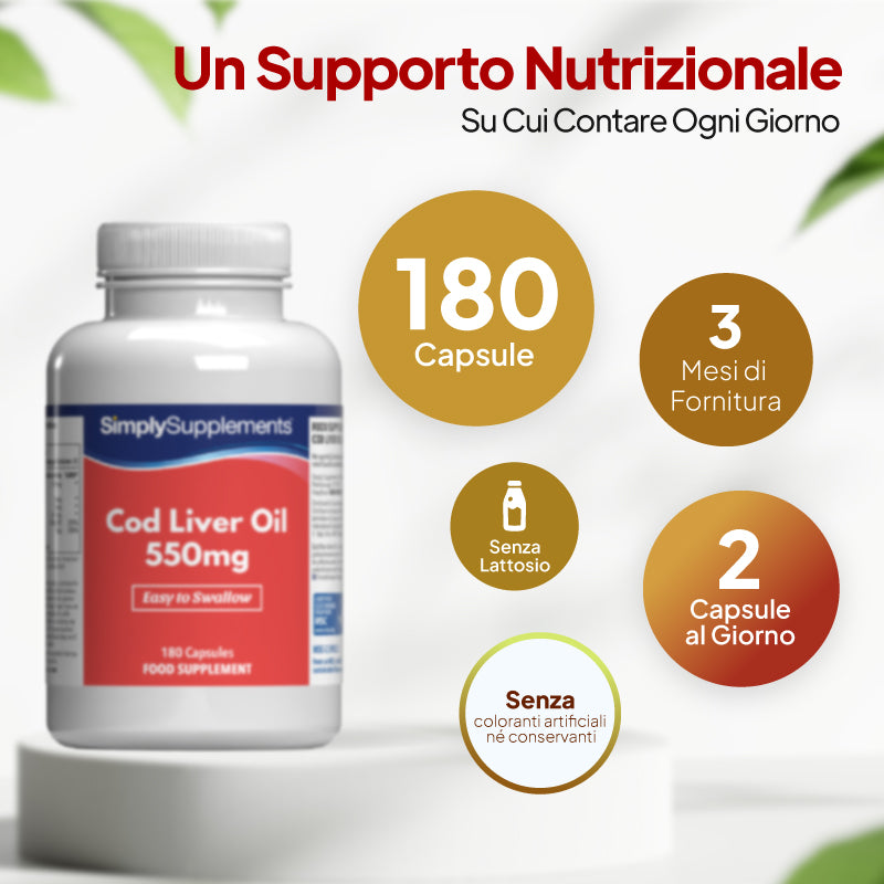 Una confezione di capsule di olio di fegato di merluzzo SimplySupplements da 550 mg, esposta su un piedistallo con testo promozionale in italiano e didascalie circolari che recitano: “180 capsule”, “fornitura per 3 mesi”, “senza lattosio” e “2 capsule al giorno”.