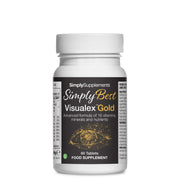 Flacone di integratore etichettato “Visualex Gold  Simply Supplements” con etichetta nera su sfondo bianco.