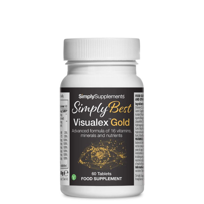 Flacone di integratore etichettato “Visualex Gold  Simply Supplements” con etichetta nera su sfondo bianco.