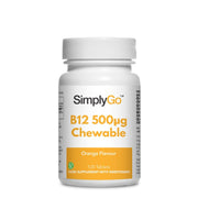 Flacone di integratore etichettato “Vitamina B12 masticabile 500µg Simply Supplements” con etichetta gialla su sfondo bianco.