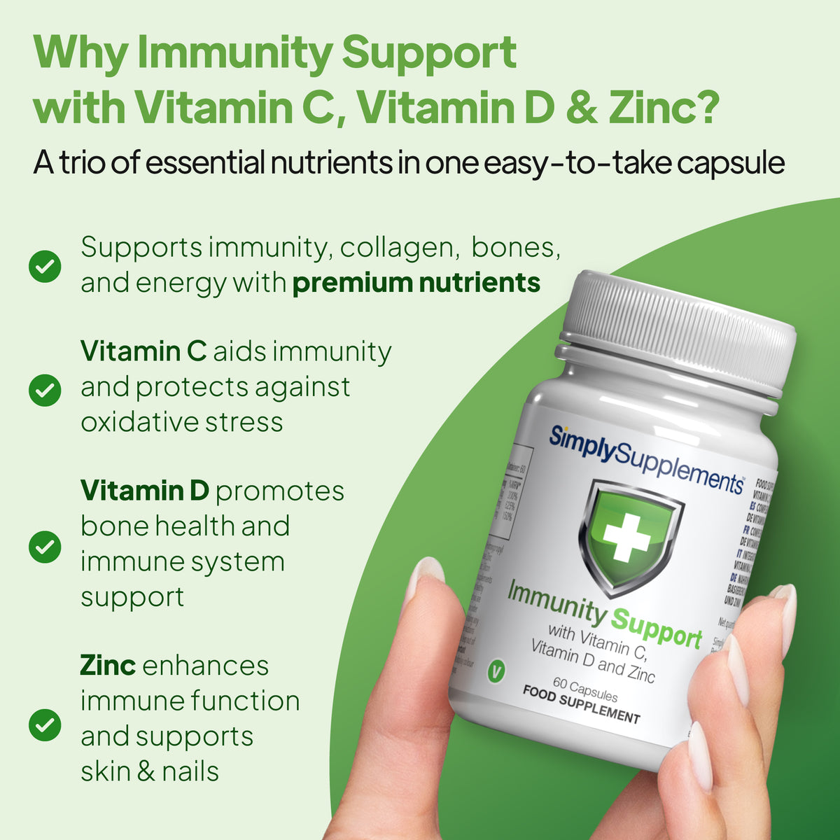 Immunity Support with Vitamin C, Vitamin D & Zinc supports immunity, collagen, bones and energy.
