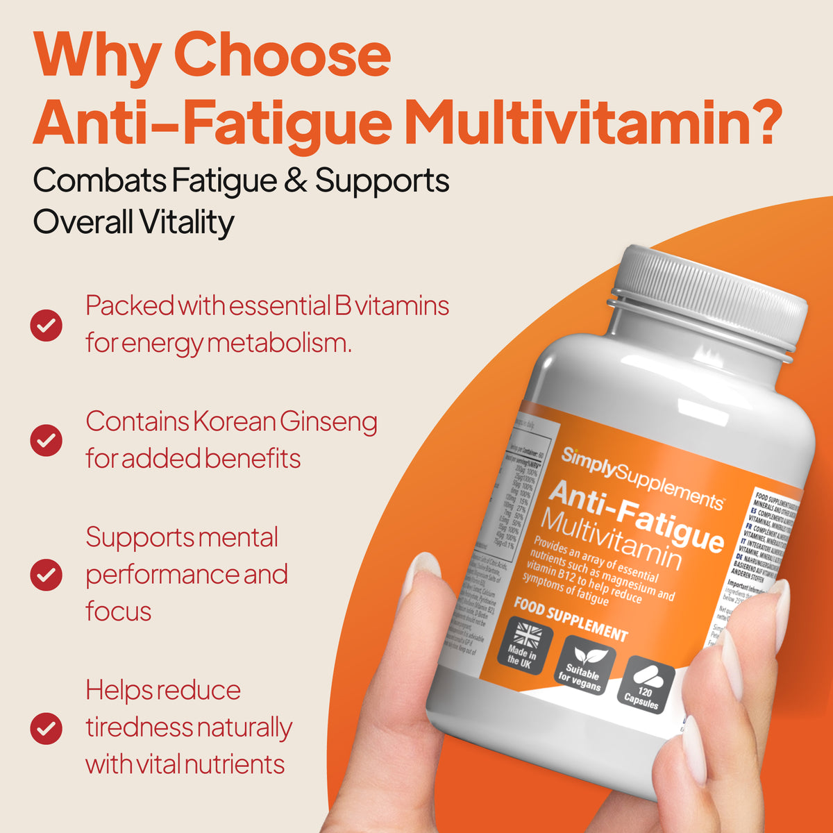 Anti-fatigue multivitamins supports mental performance and focus, along with helping to reduce tiredness.