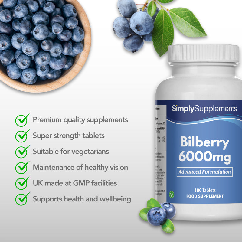 Product feature graphic for Simply Supplements Bilberry 6000mg, showing a close-up of the bottle with bilberries and leaves on a light background beside a checklist noting premium quality supplements, super strength tablets, suitability for vegetarians, maintenance of healthy vision, UK-made at GMP facilities, and support for health and wellbeing.