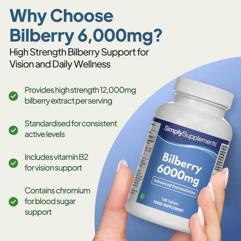 Product feature graphic for Simply Supplements Bilberry 6000mg, showing a close-up of the bottle  background beside a checklist noting high strength bilberry extract, includes B2 for vision support and contains chromium for blood sugar support.