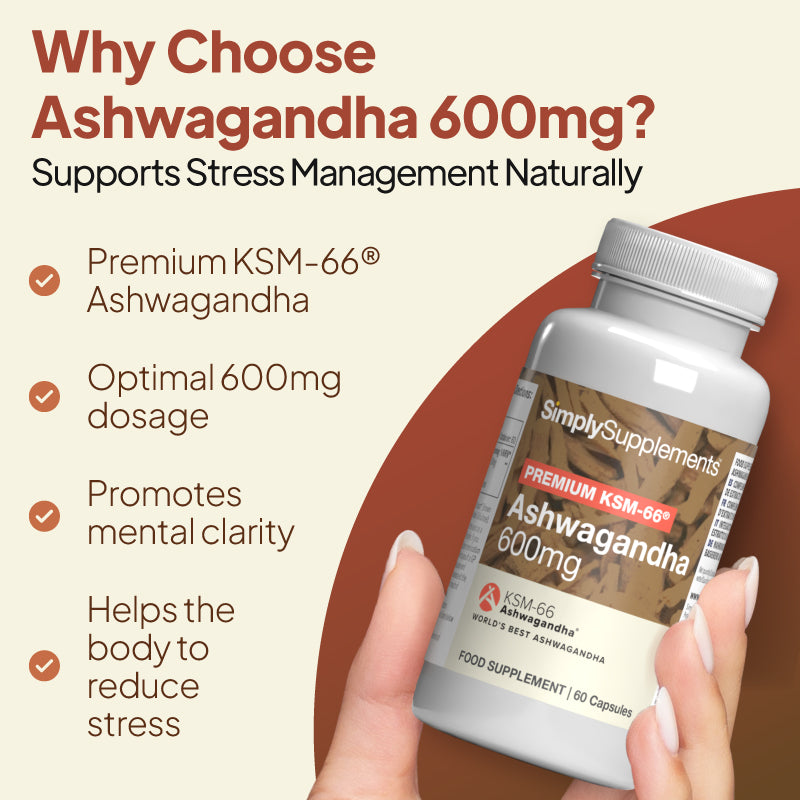 Ashwagandha 600mg supplement benefits image showing Simply Supplements Premium KSM-66 Ashwagandha, highlighting premium KSM-66 ashwagandha, 600mg dosage, mental clarity, and natural stress support
