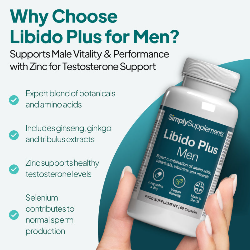 Simply Supplements Libido Plus Men supplement with zinc, selenium, amino acids and botanical extracts including ginseng, ginkgo and tribulus