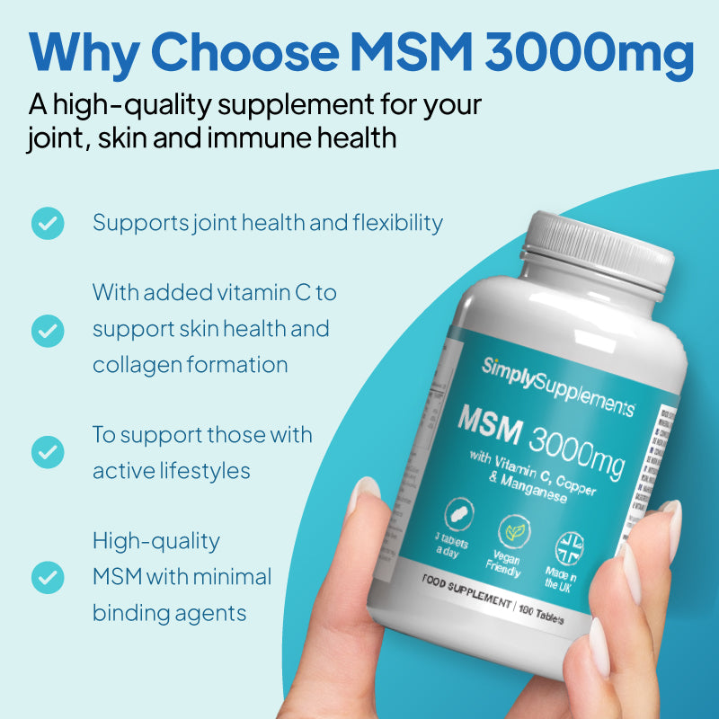 Simply Supplements MSM 3000mg with vitamin C, copper and manganese bottle, promoting joint health, skin health, collagen formation, immune support and high-quality vegan food supplement benefits.