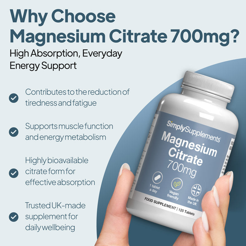 Magnesium citrate contributes to the reduction of tiredness and fatigue, supports muscle function and energy metabolism.
