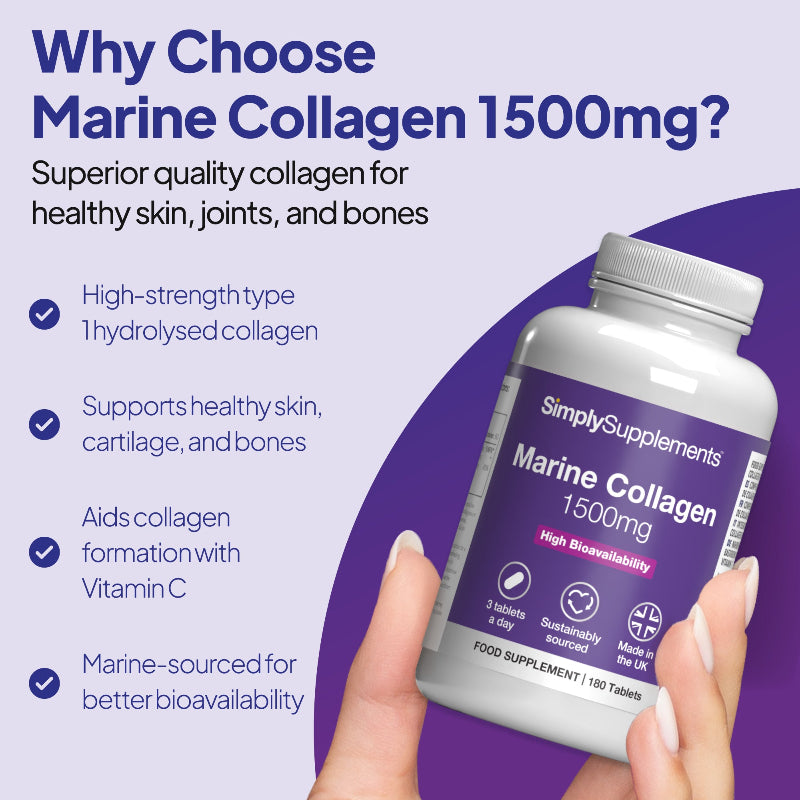 Simply Supplements Marine Collagen 1500mg supports healthy skin, cartilage and bones, as well as aids collagen formation.
