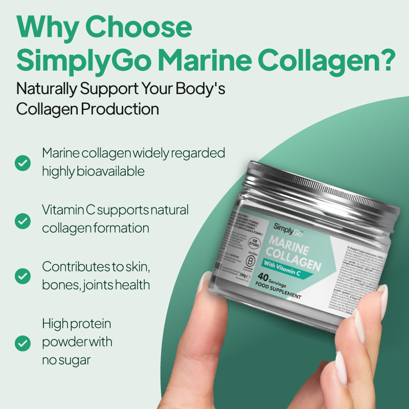 SimplyGo Marine Collagen with Vitamin C supplement graphic highlighting highly bioavailable marine collagen, natural collagen formation support, skin bones and joints health, and high-protein sugar-free powder.
