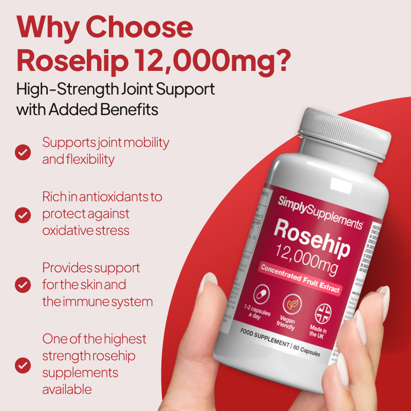 Simply Supplements Rosehip 12,000mg high-strength joint support supplement graphic showing concentrated fruit extract for joint mobility, flexibility, antioxidant protection, relaxation and energy support.