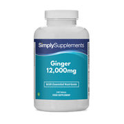 Flacone di integratore etichettato “Zenzero 12.000mg Simply Supplements” con etichetta blu su sfondo bianco.