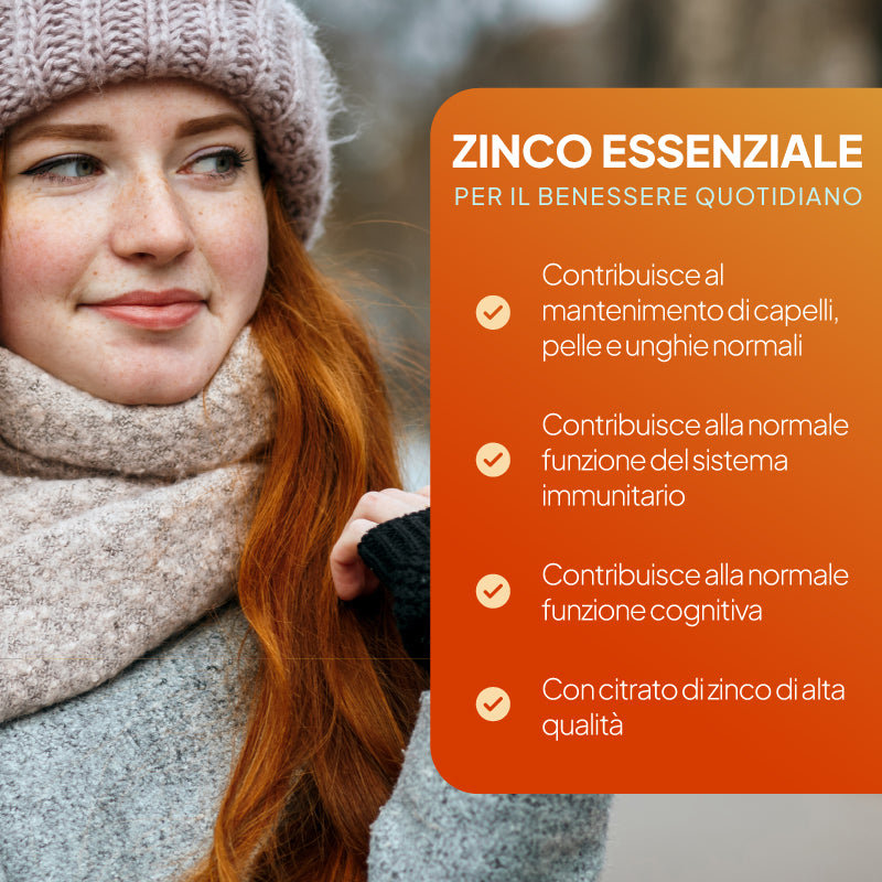 Le compresse di zinco favoriscono la salute di capelli, pelle e unghie, sostengono il funzionamento del sistema immunitario e contribuiscono alle funzioni cognitive